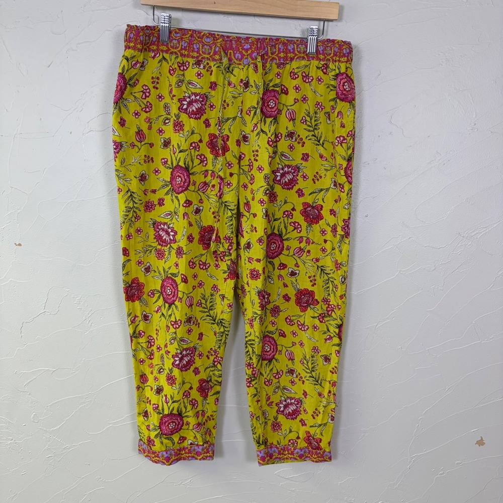 Sundance Cotton Floral Boho Crop Pant Women S Yellow Pink Chartreuse Breathable